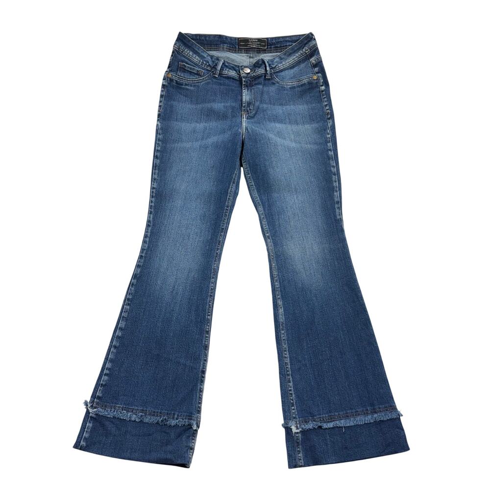 by Unna Flared Bell Bottom Jeans Blue Raw Hem Boho Y2K Aesthetic Stretch Size 8